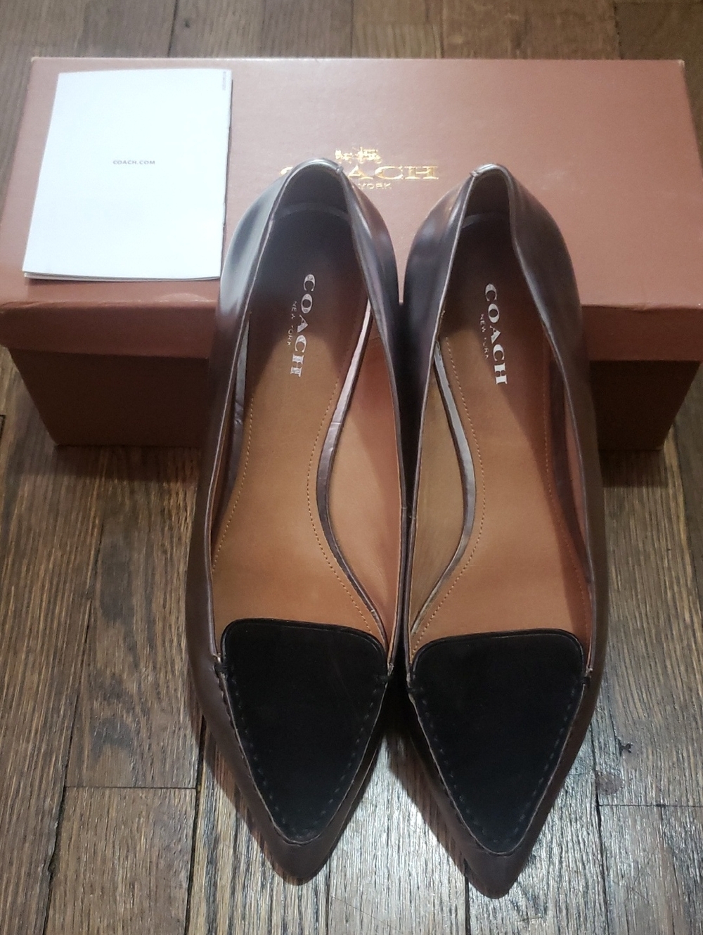 COACH Brown Leather Pointed Toe Flats with Black Suede Caps